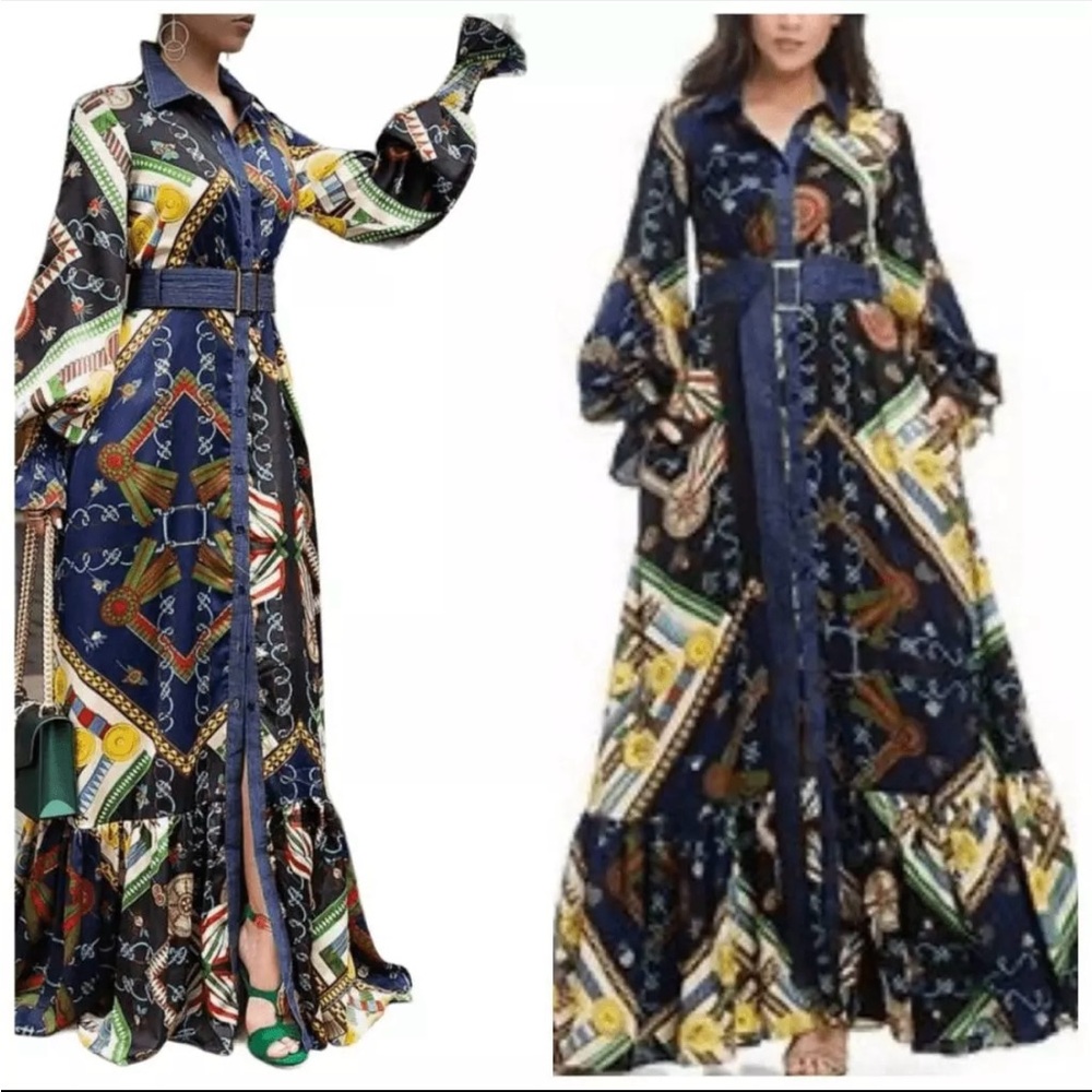 TOV Los Angeles 60’S 70’S Boho vive Chiffon Denim Trim Maxi Shirt dress XL 12